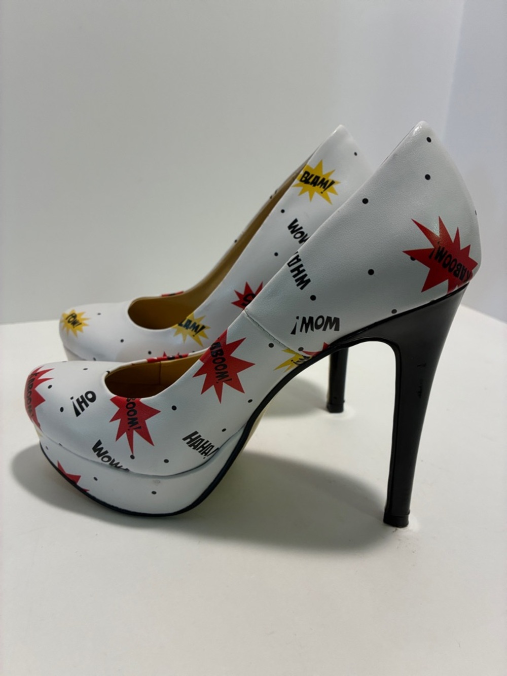 Chinese Laundry White Comic-Print High Heels with Red & Yellow Accents